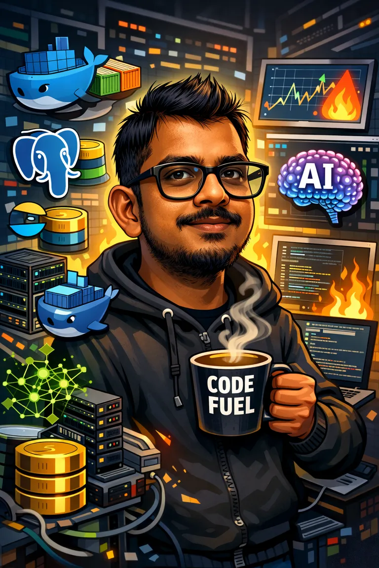 Illustrated portrait of Gayan surrounded by software, cloud, data, and AI systems